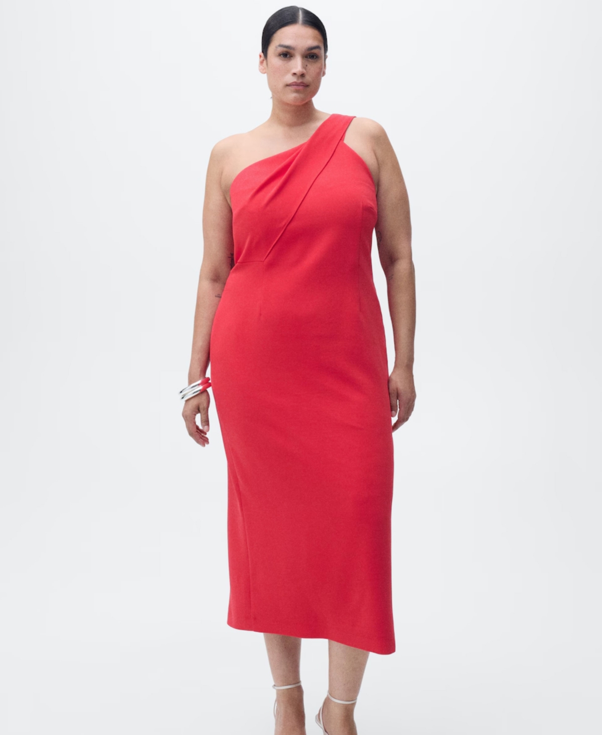 Mango One Shoulder Draped Dress In Red