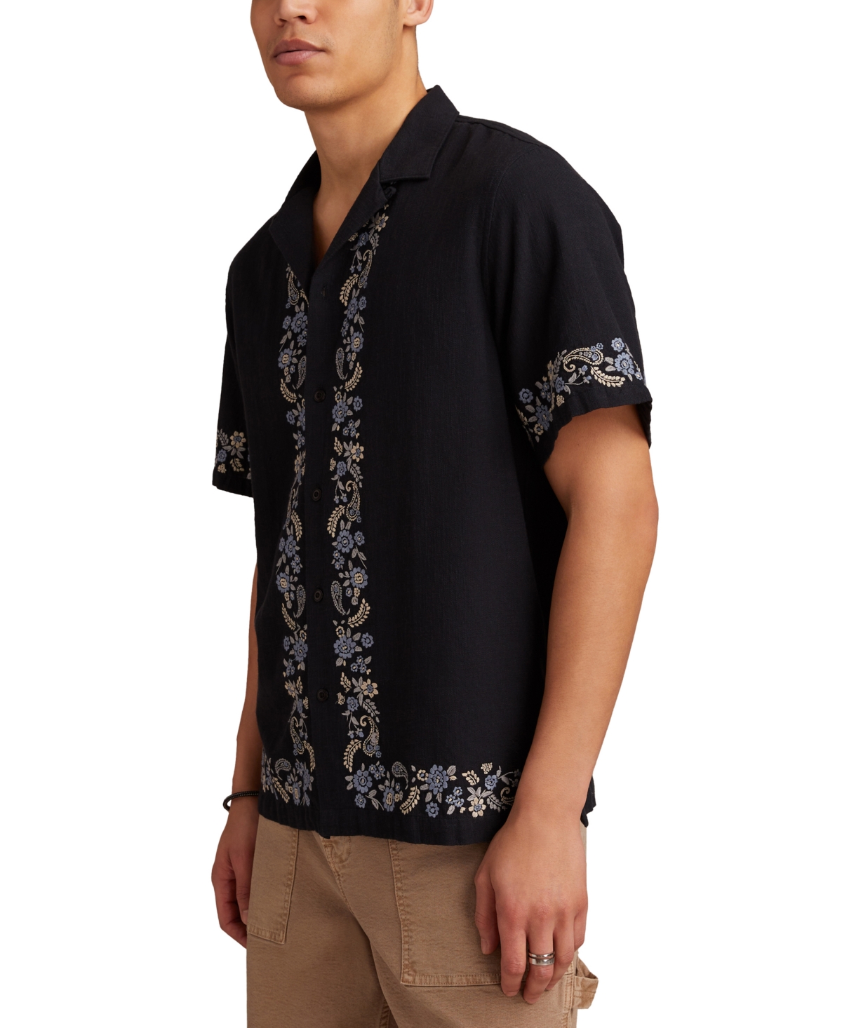 Men's Short Sleeve Embroidered Border Button-Front Shirt - Caviar Multi