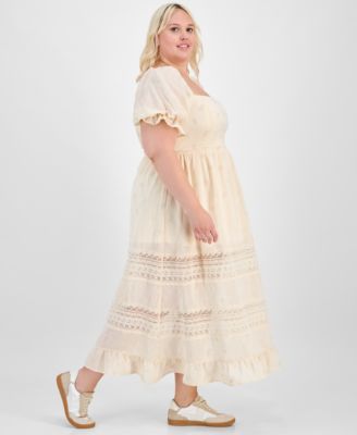 Trendy Plus Puff-Sleeve Lace-Trim Midi Dress, Exclusively at Macy's