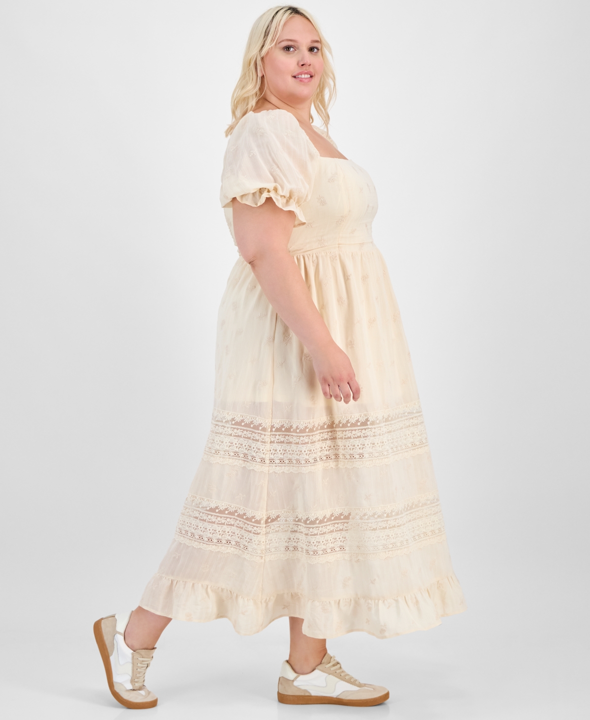 And Now This Trendy Plus Puff-sleeve Lace-trim Midi Dress, Exclusively At Macy's In Beige