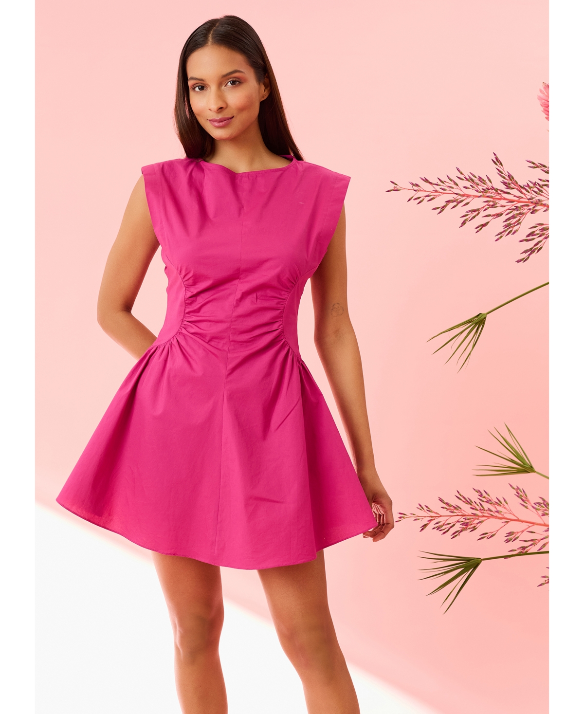 Donna Morgan Gathered Linen Mini Dress In Fuschia Red