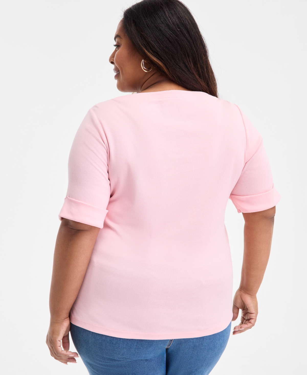 Style & Co Plus Size Boat-neck Elbow Sleeve Cotton Top, Exclusively At Macy's In Pink