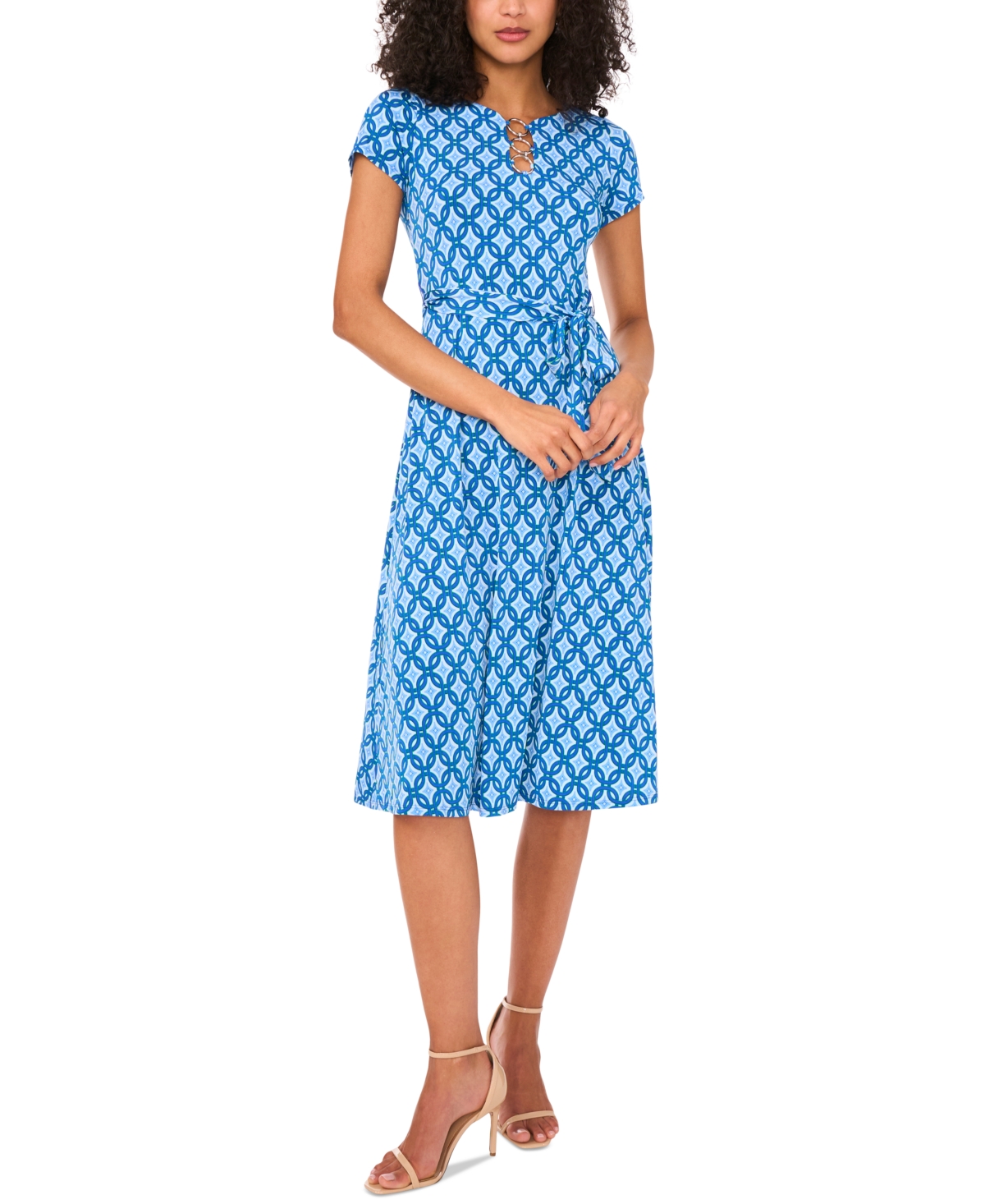 Msk Petite O-ring-trim Tie-waist Short-sleeve Dress