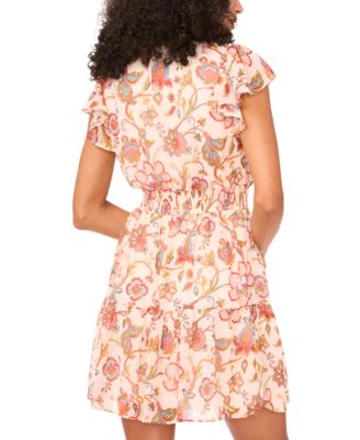 Petite Floral-Print Flutter-Sleeve Smocked-Waist Dress