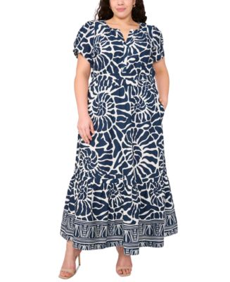 MSK Plus Size Printed Split-Neck Tiered Cotton Maxi Dress