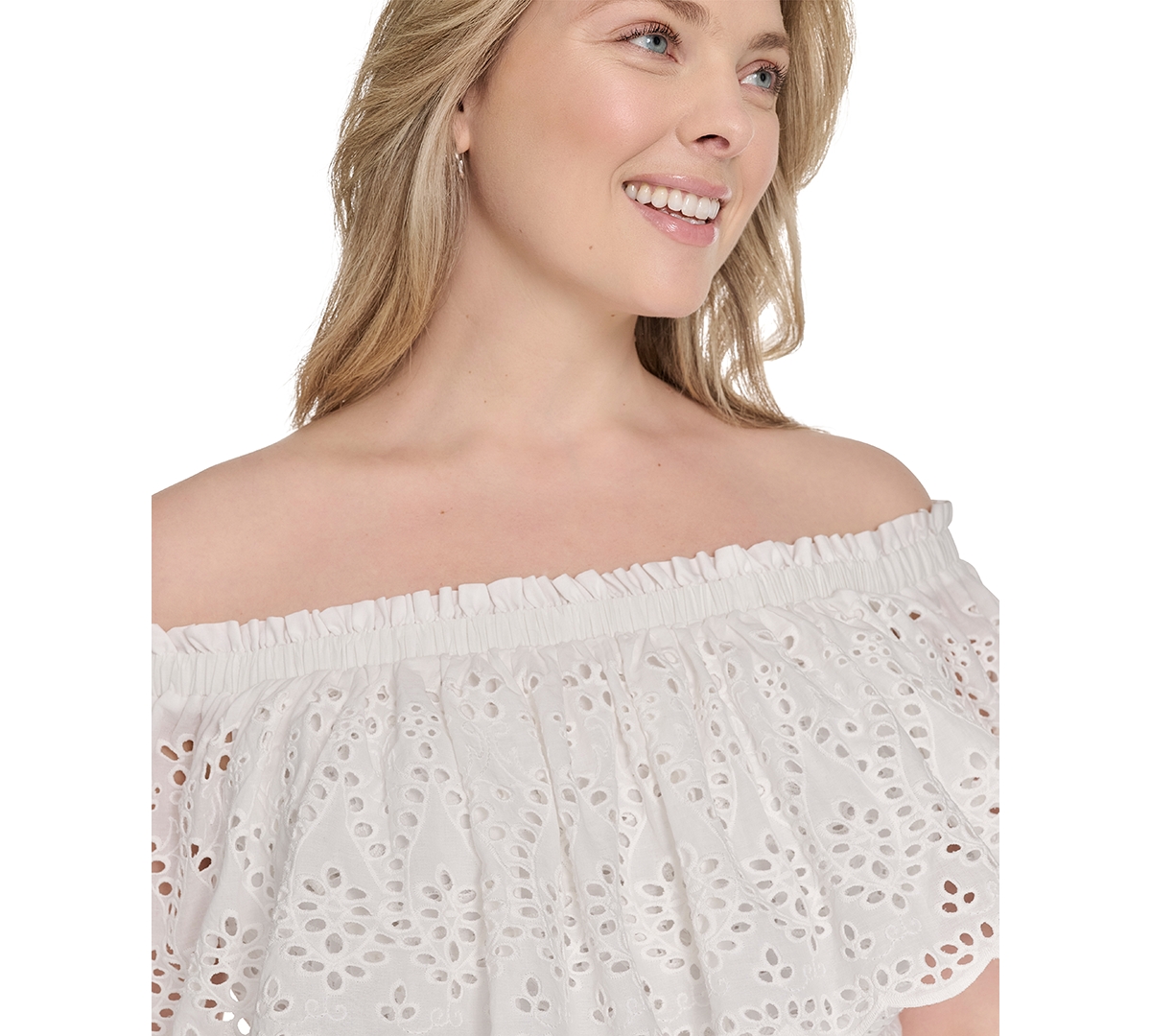 ELIZA J PLUS SIZE EYELET OFF-THE-SHOULDER BELTED MIDI DRESS 
