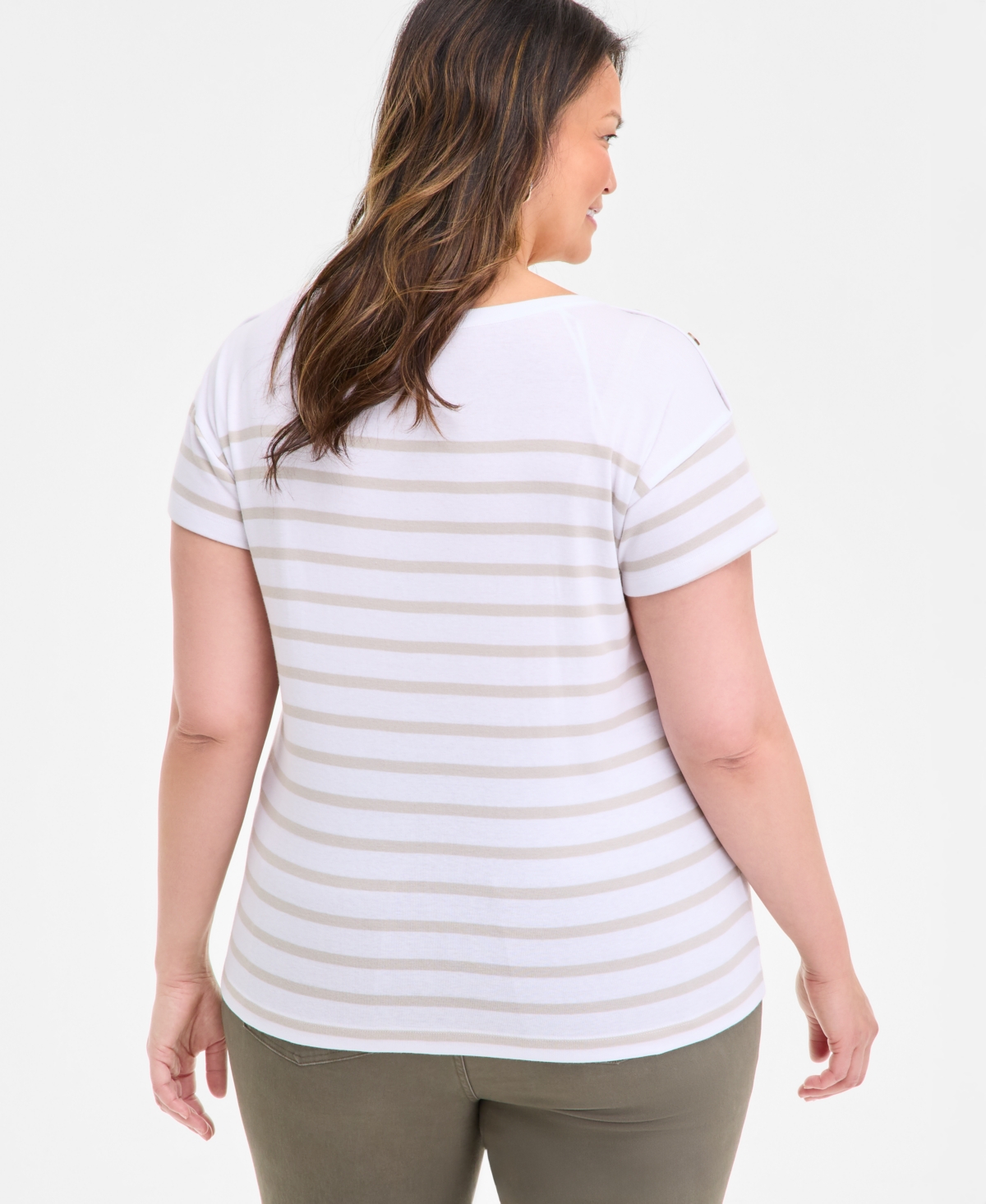 Shop Style & Co Plus Size Stripe Button-trim T-shirt, Exclusively At Macy's