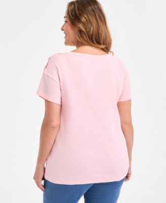 Plus Size Crewneck Button-Trim-Shoulder Cotton Top