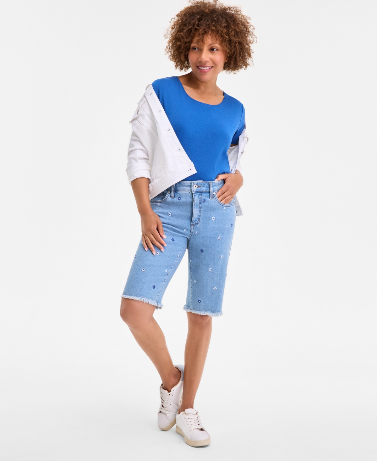 Women's Embroidered Mid-Rise Denim Bermuda Shorts, Exclusively at Macy's - Embroidered Floral