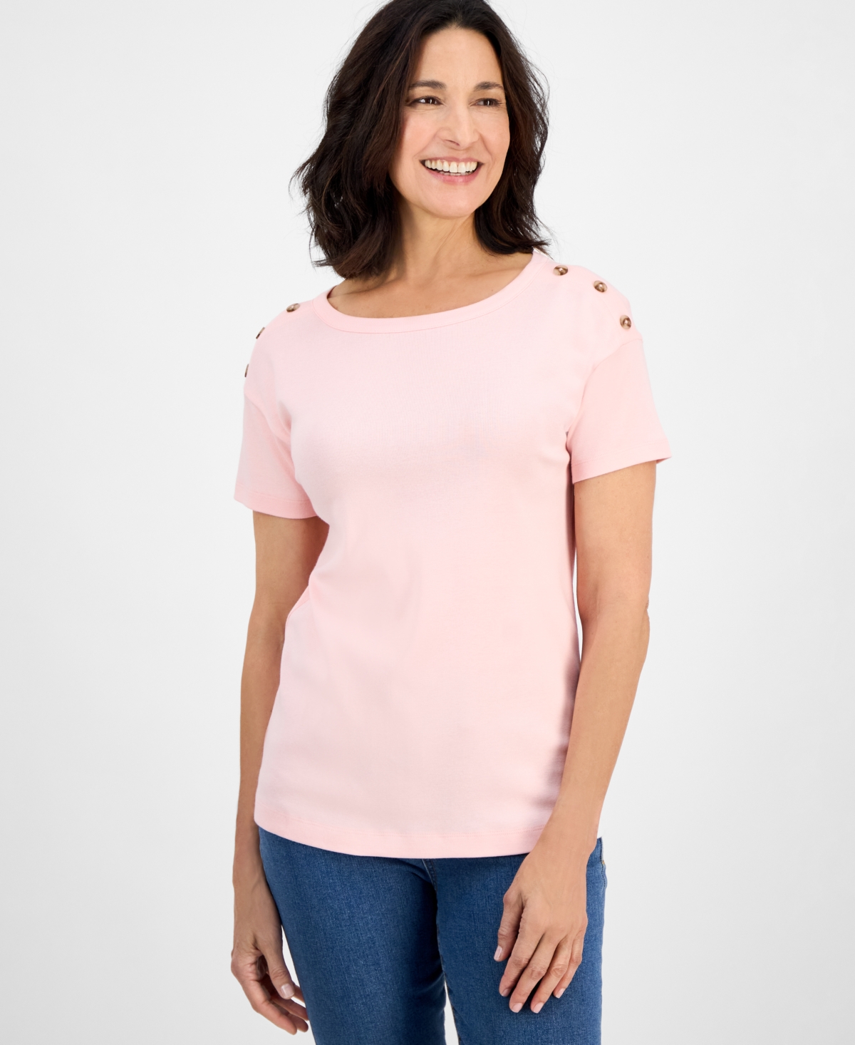 Petite Cotton Button-Shoulder Tee, Exclusively at Macy's - Stonewall