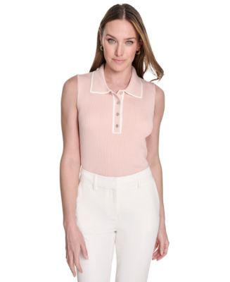売れ筋商品|||トミー ヒルフィガー カットソー トップス レディース Women's Contrast-Tipped Sleeveless Polo Top Ivory/ Evening Sand Tommy Hilfiger Women's Contrast-Tipped Sleeveless Polo Top