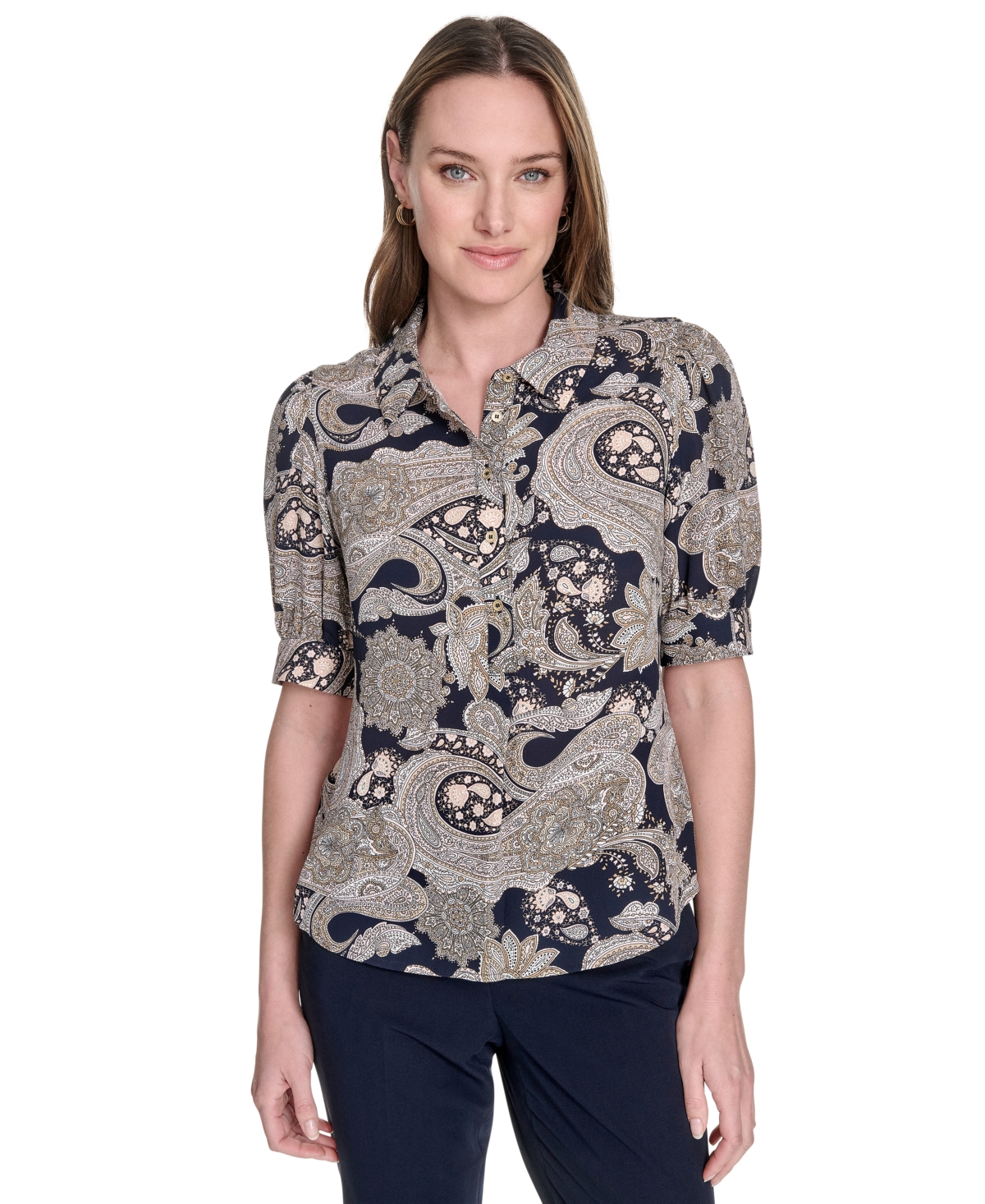 Women's Printed Point Collar Puff-Sleeve Blouse - Midnight/ Sand
