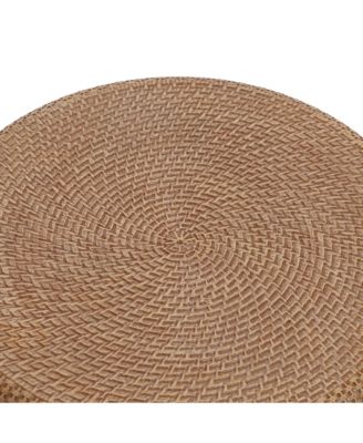 Outdoor Accent Side Table, 18'' Black with Natural Rattan Finish Cement Patio End Table, U-Shaped Base Plant Stand for Patio Backyard, Outdoor Furniture for Lawn Balcony Porch