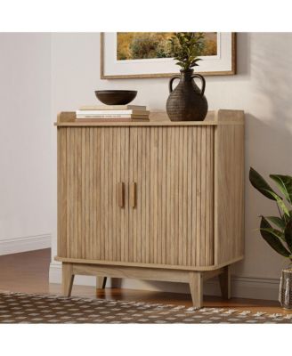 Mid-Century Modern Tambour-Style 2-Door 31.5-Inch Wide Cabinet with Tray Top, Oak