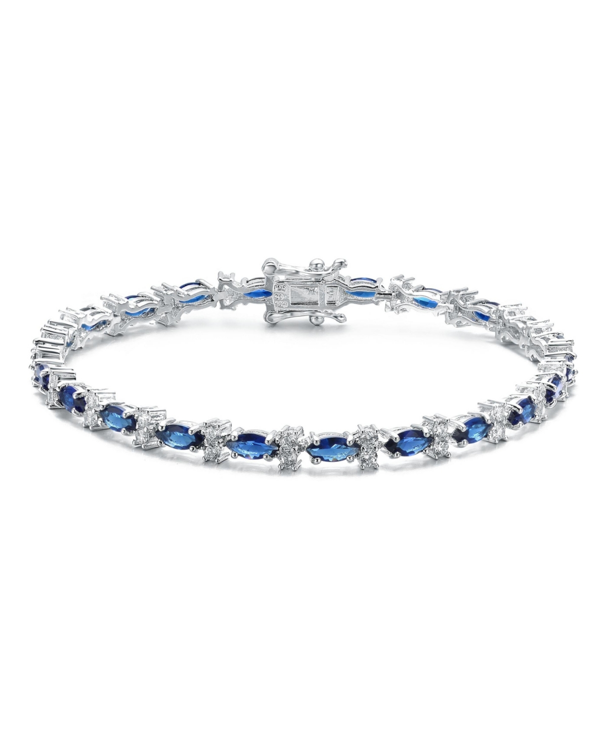 Sterling Silver White Gold Plated Colored Marquise Cubic Zirconia Tennis Bracelet - Blue