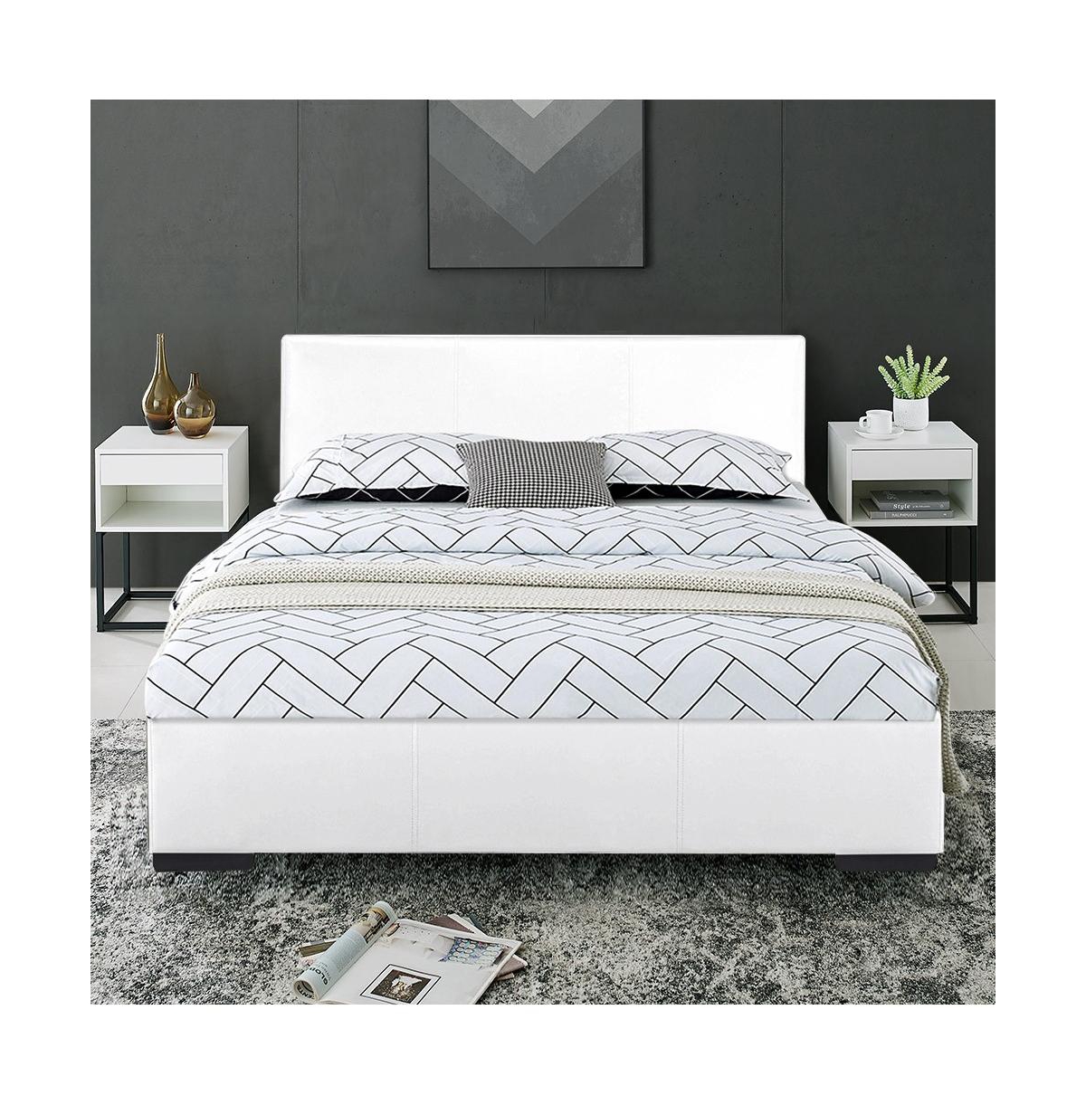 Solid Wood Upholstered Faux Leather Bed Frame with Padded Headboard