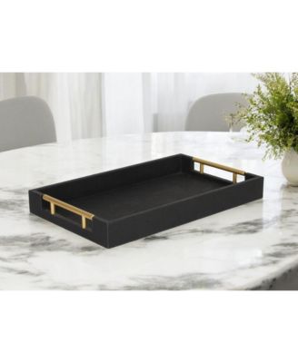 Wood and Vinyl Faux Shagreen Serving Tray with Handles for Dining and Decor