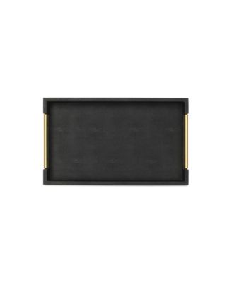 Wood and Vinyl Faux Shagreen Serving Tray with Handles for Dining and Decor