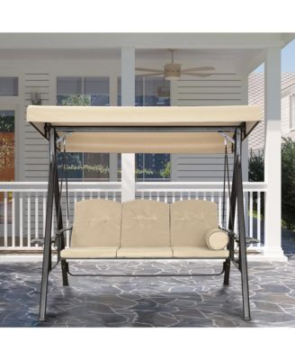 Steel 3 Person Patio Swing Chair Swinging Outdoor Chair with Removable Mat, Cushion and Convertible Canopy, Navy Blue