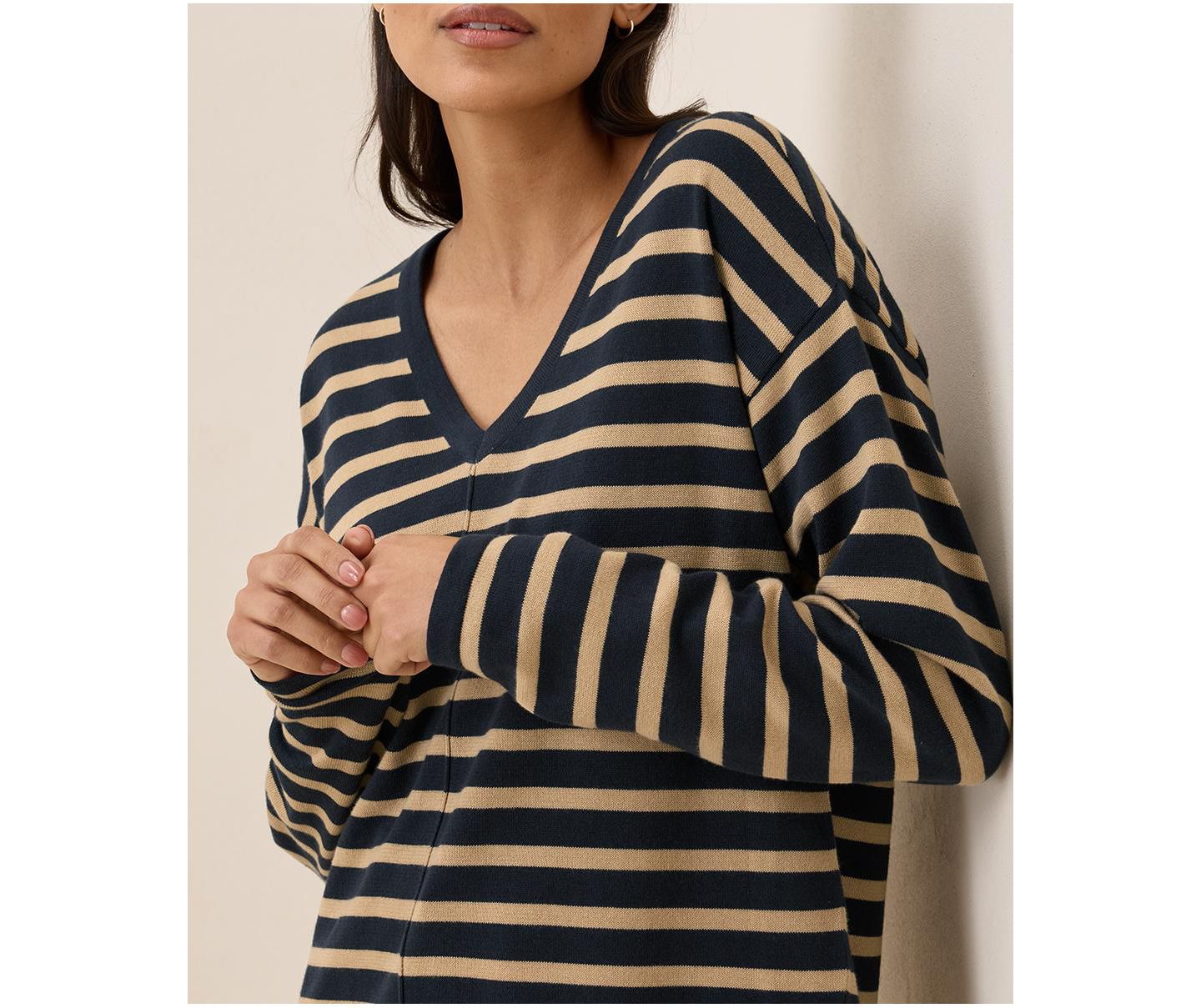 Женский свитер Pact Organic Cotton Classic Fine Knit Relaxed, цвет: Полосатый полуночный синий — фото 3