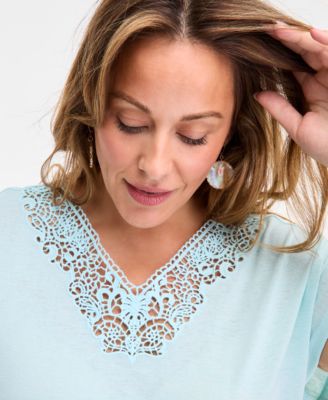 Plus Size Lace-Trim-V-Neck Short-Sleeve T-Shirt