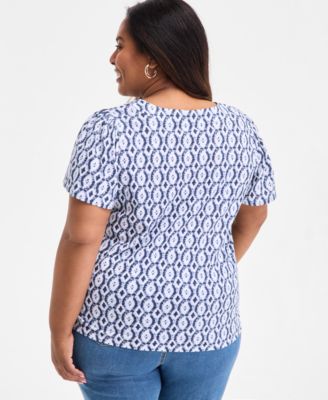 Plus Size Printed Square-Neck Short-Sleeve Top, Exclusively at Macy's 