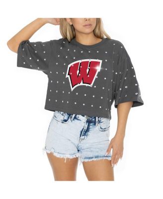 Women's Gray Wisconsin Badgers Go Time Rhinestone Crop T-Shirt