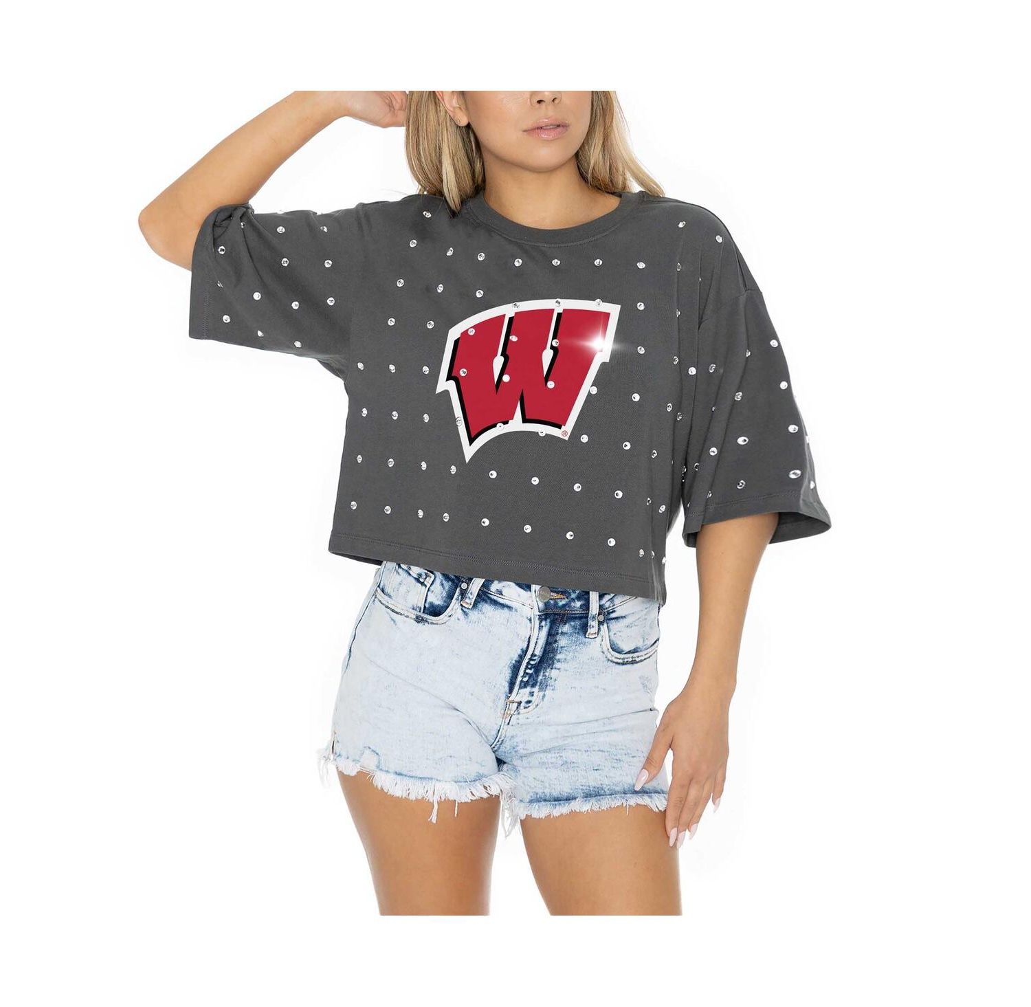 Women's Gray Wisconsin Badgers Go Time Rhinestone Crop T-Shirt