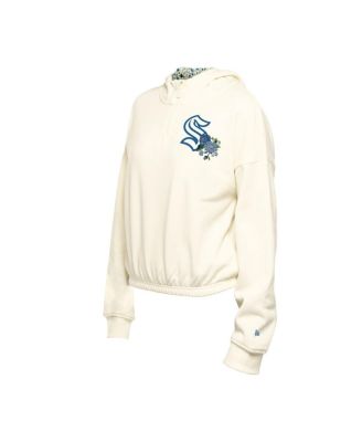 Women's Cream Seattle Kraken Glam Game Quarter-Zip Cropped Floral Pullover Hoodie