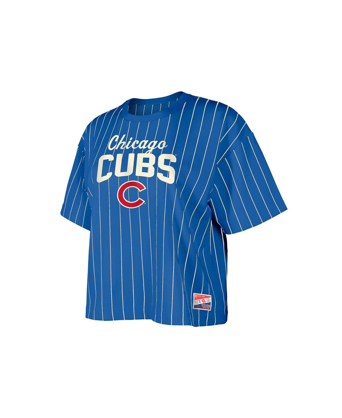 NEW ERA WOMEN'S ROYAL CHICAGO CUBS COOPERSTOWN COLLECTION MULTIPLIER PINSTRIPE CROPPED T-SHIRT 