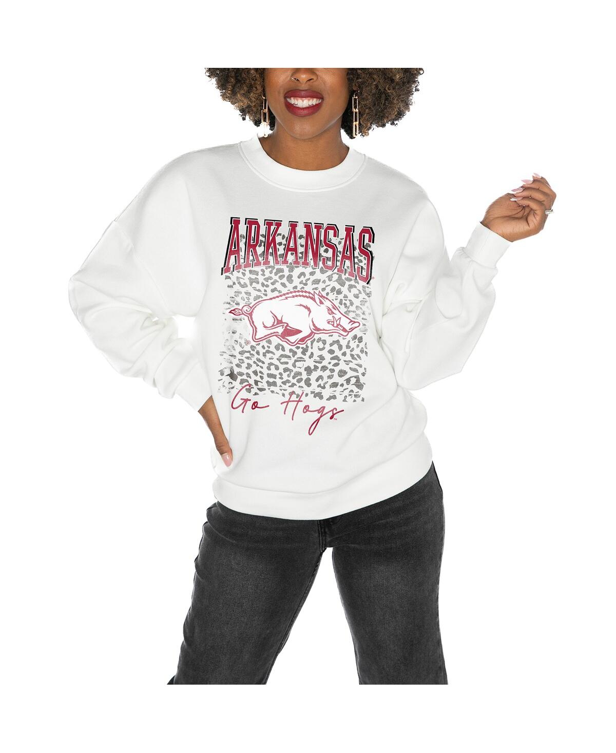GAMEDAY COUTURE WOMEN'S WHITE ARKANSAS RAZORBACKS DROP SHOULDER FLEECE DROP PULLOVER SWEATSHIRT 