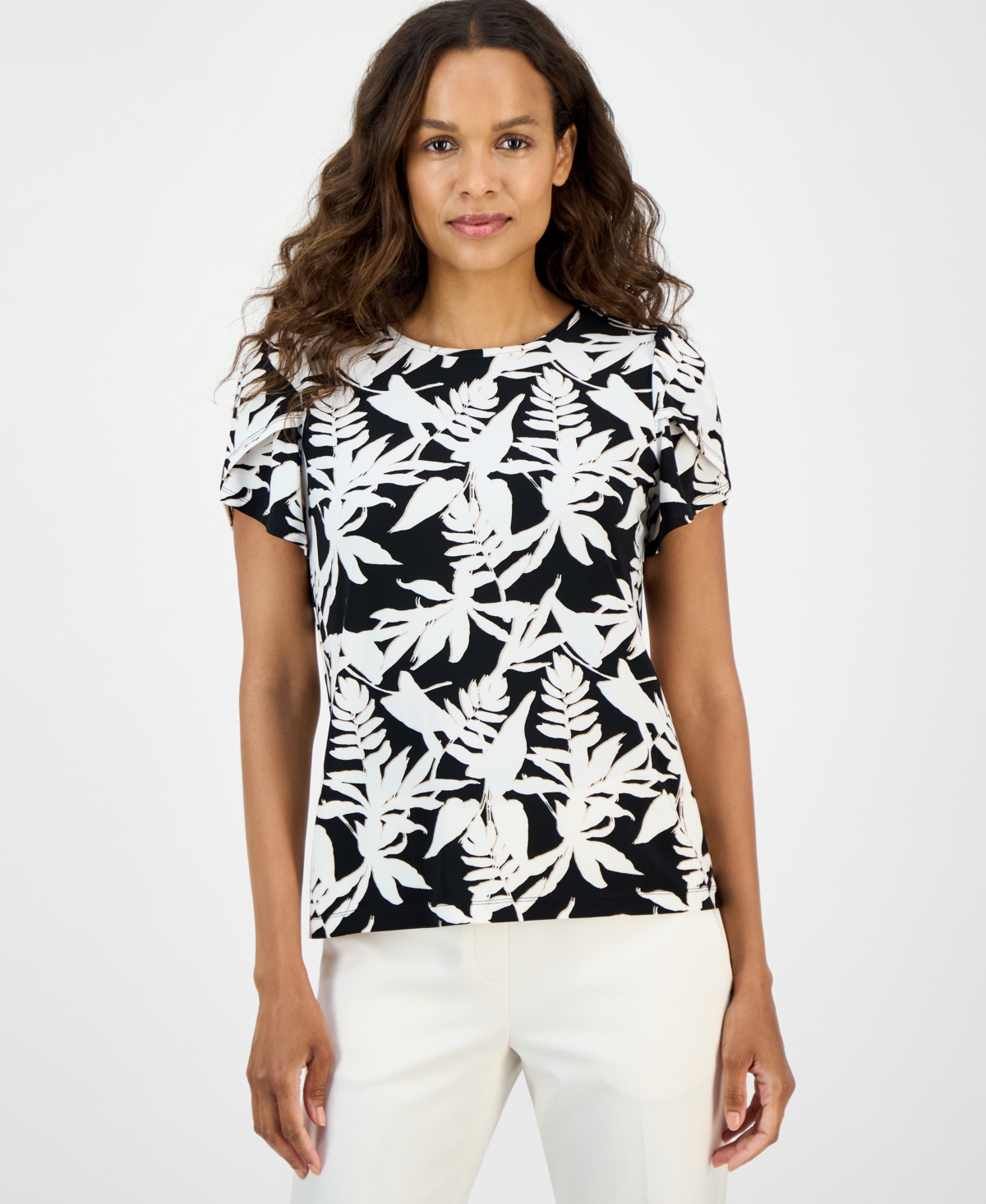 Petite Printed Tulip-Sleeve Top - Anne Black Multi