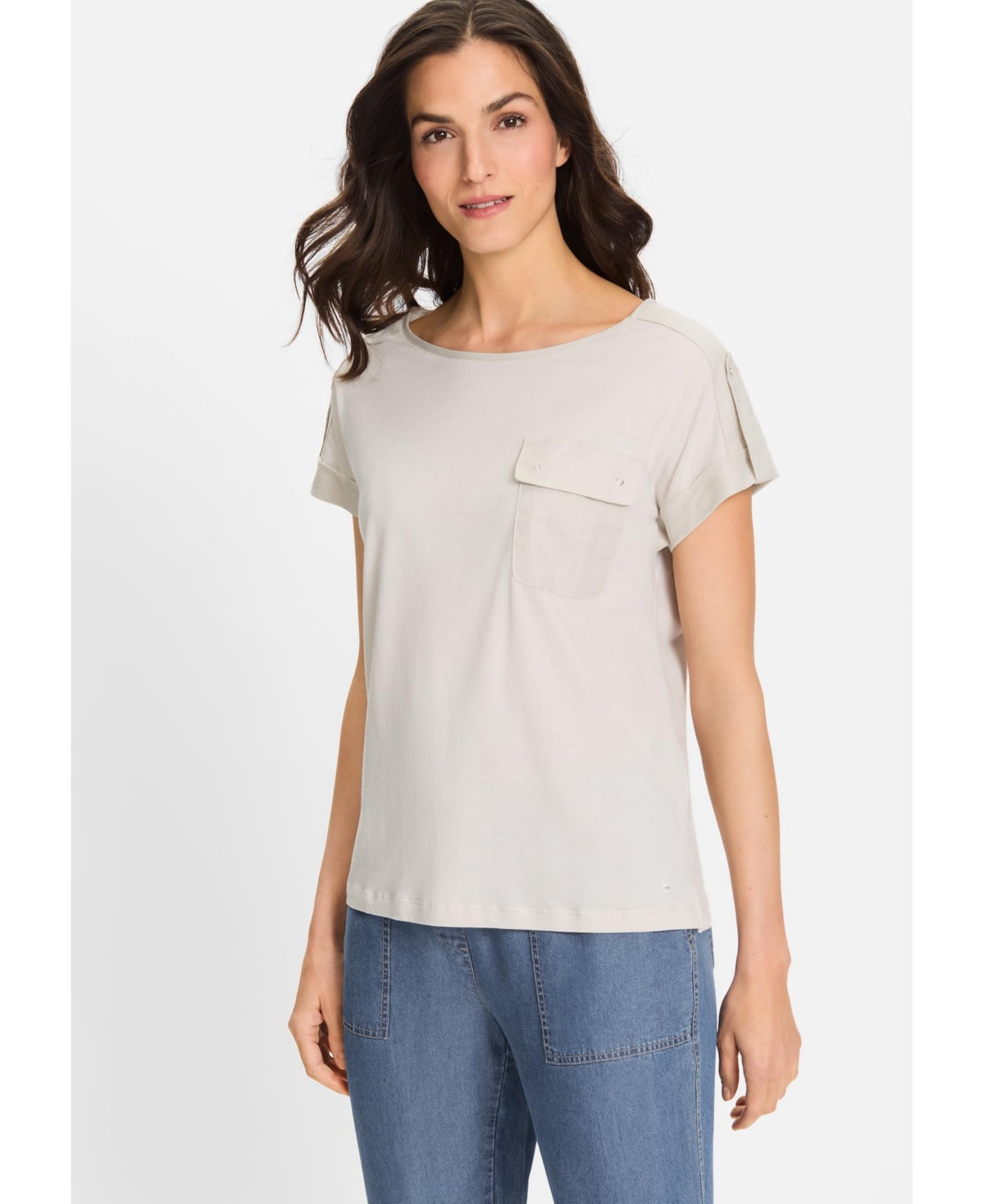 Women's T-Shirt with Linen Patchwork - Light stone