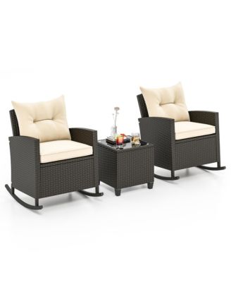3 Piece Outdoor Rocking Set Rattan Rocking Chair Set w/ Tempered Glass Table Seat