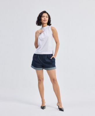 Women's High-Neck Top with Gathers in White