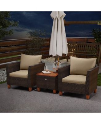 3PCS Patio Rattan Bistro Furniture Set Wood Table Top Cushion Sofa