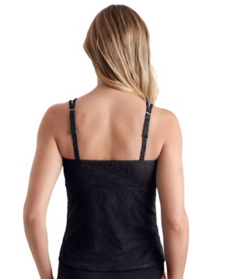 Women's Black Pressed Flowers Crossover Tankini Swimsuit Top