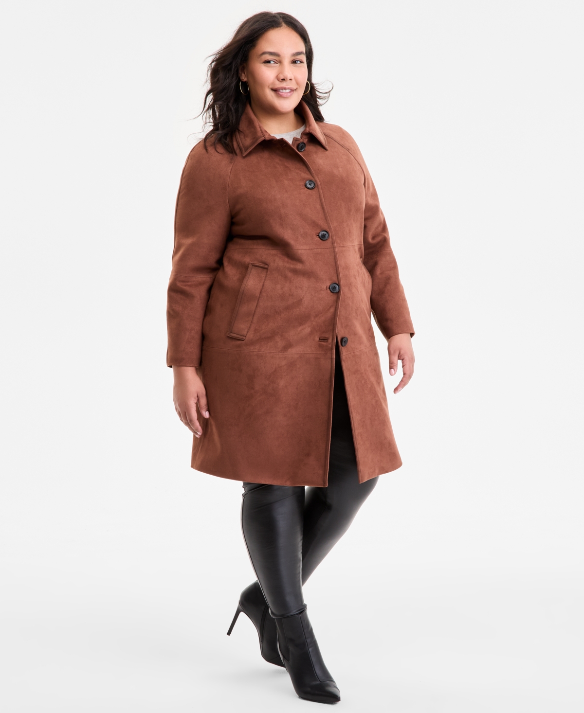 Bcbgmaxazria Plus Size Button-front Faux-suede Jacket In Brown