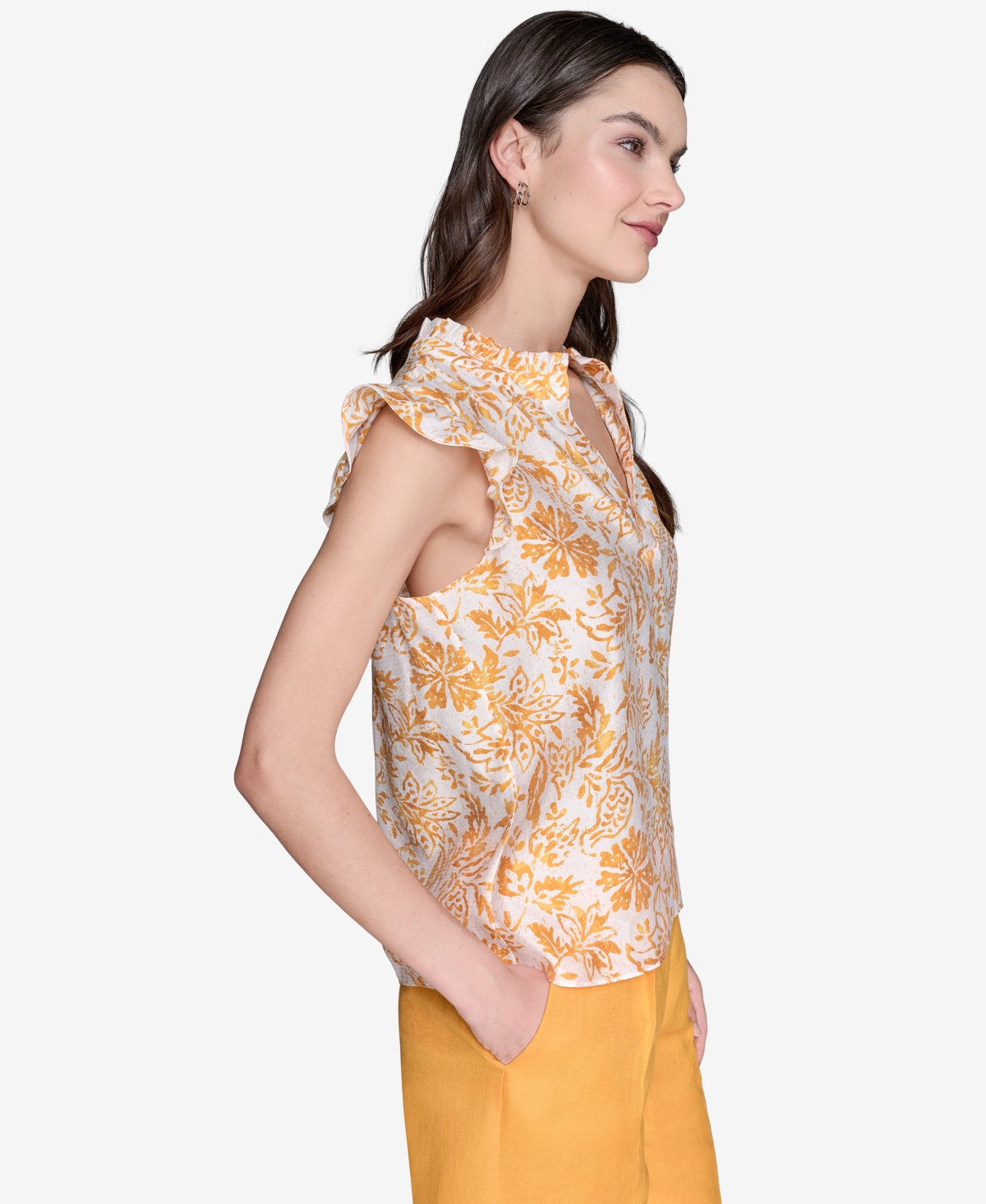 Karl Lagerfeld Women's Printed Split-neck Flutter-sleeve Blouse