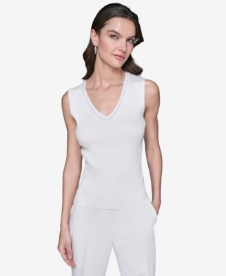 KARL LAGERFELD PARIS - Women's Embellished V-Neck Ribbed Knit Sleeveless Top