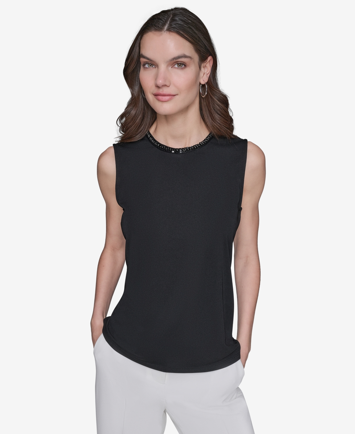 Shop Karl Lagerfeld Women's Bead-trim Sleeveless Top