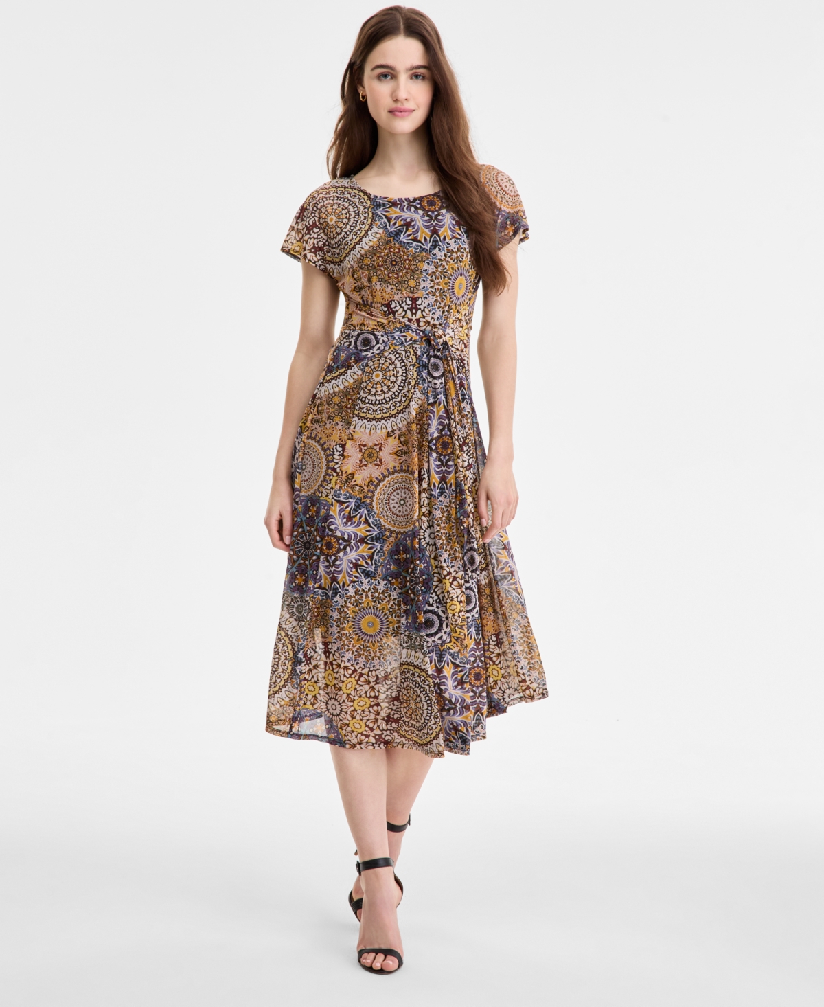 Women's Printed Tie-Waist Midi Dress - Navy Gold