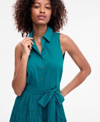 Petite Cotton Belted Pleated Tiered Shirtdress