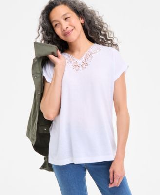 Style & Co - Women's Lace-Trim V-Neck Short-Sleeve T-Shirt