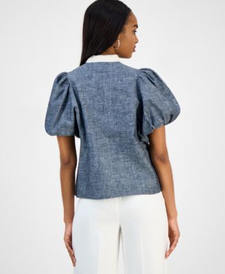 Женская джинсовая блузка Evita из денима и белого кружева Cindy Castro New York