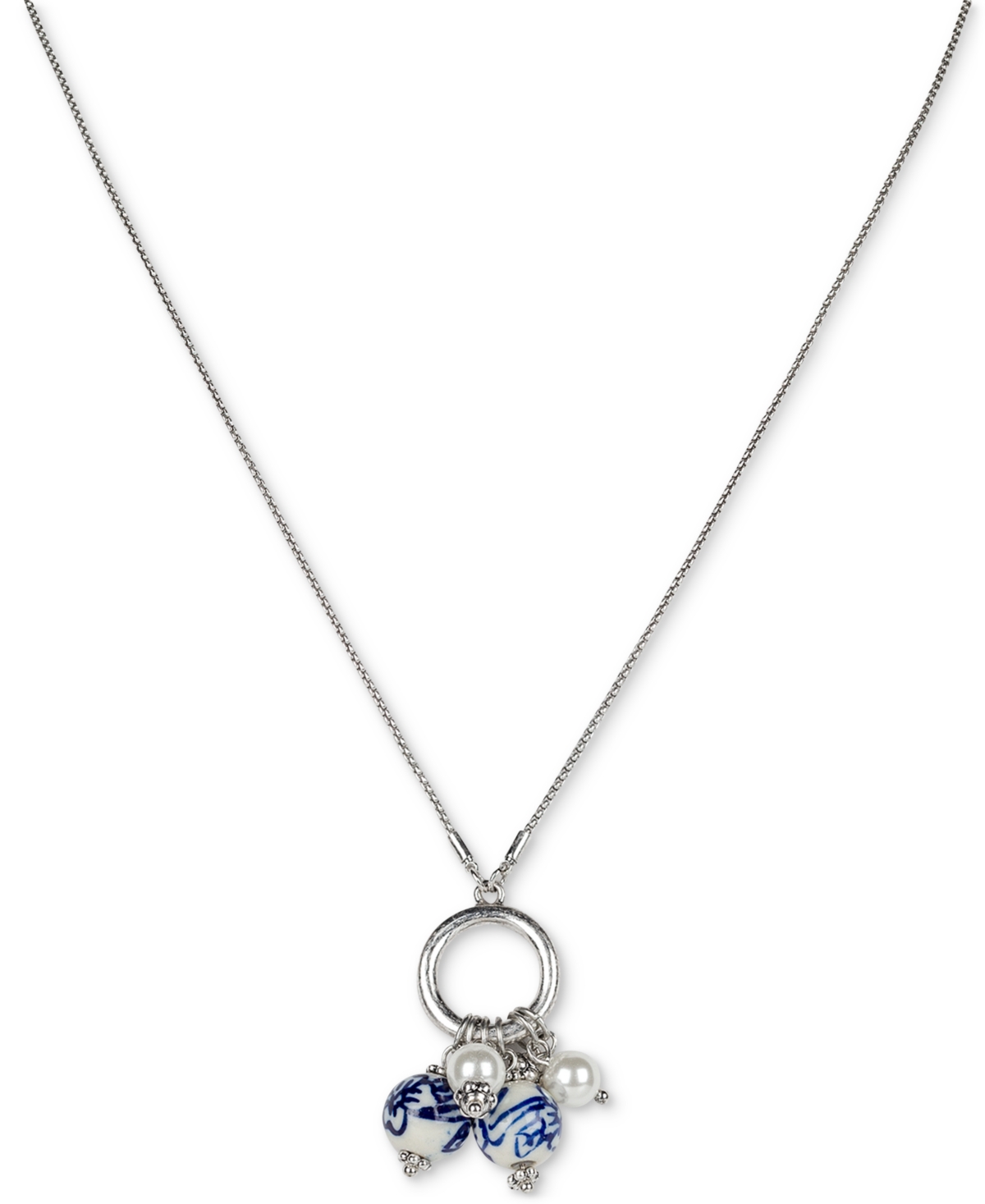 Silver-Tone Mixed Bead 28" Adjustable Pendant Necklace - Silver Ox