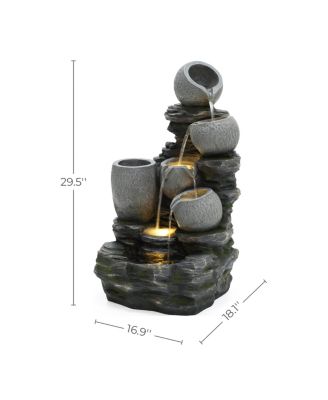 3-Tier Gray Pots on Stacked Rocks 2.5-Feet Tall Outdoor Polyresin Fountain with Lights and Gray Side Planter