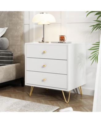 1 PC wooden Bedside table with three drawers, gold handles and feet - side table