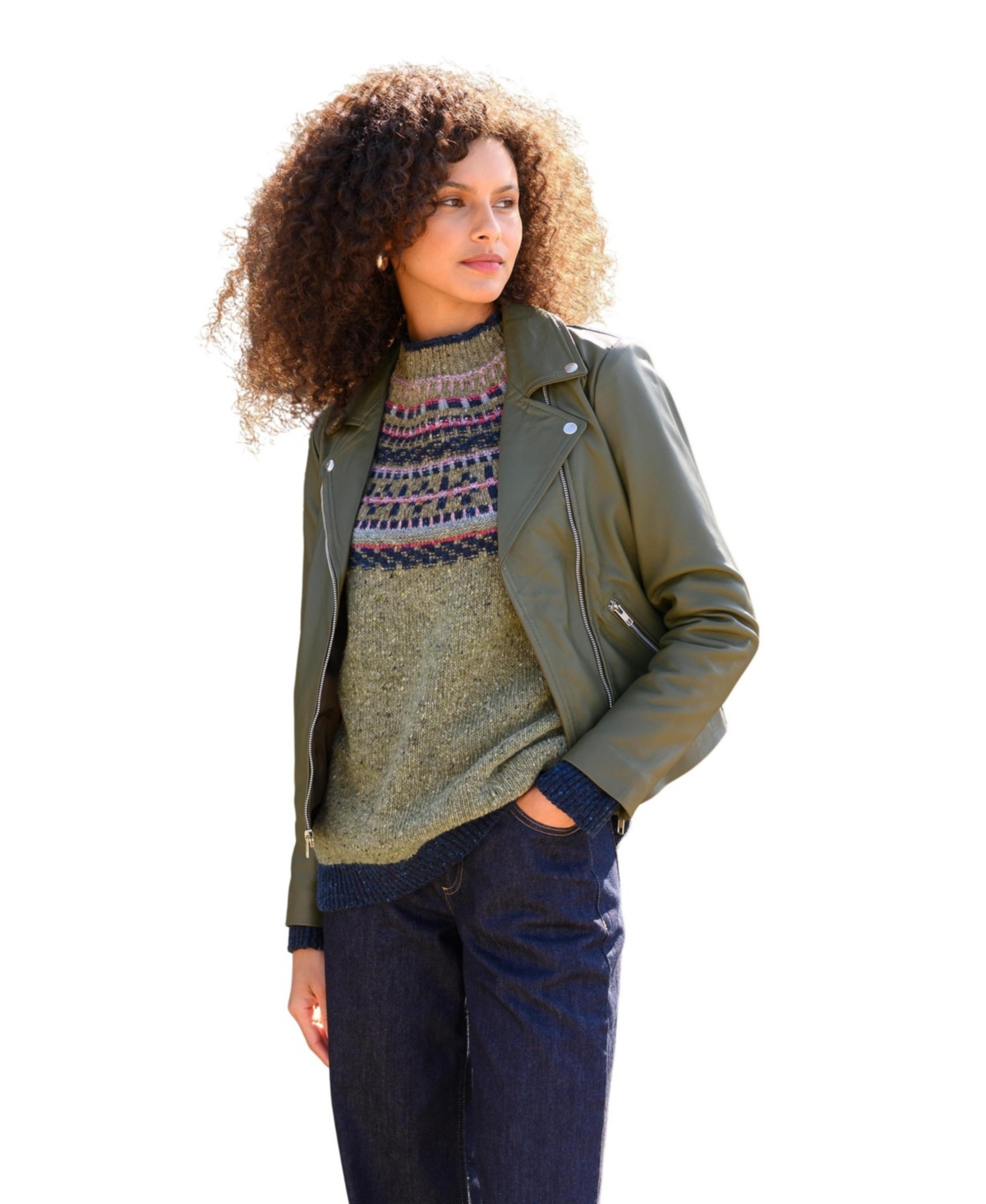 Women's Stylish Classic Leather Biker Jacket - Khaki