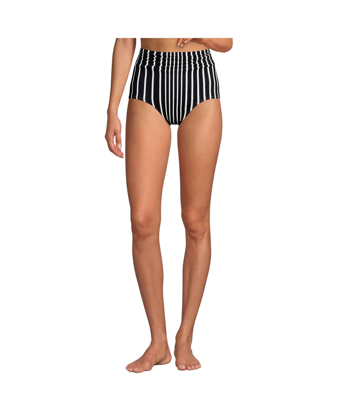 Women's Ruched High Waisted Full Coverage Bikini Bottoms - Egret white ombre stripes